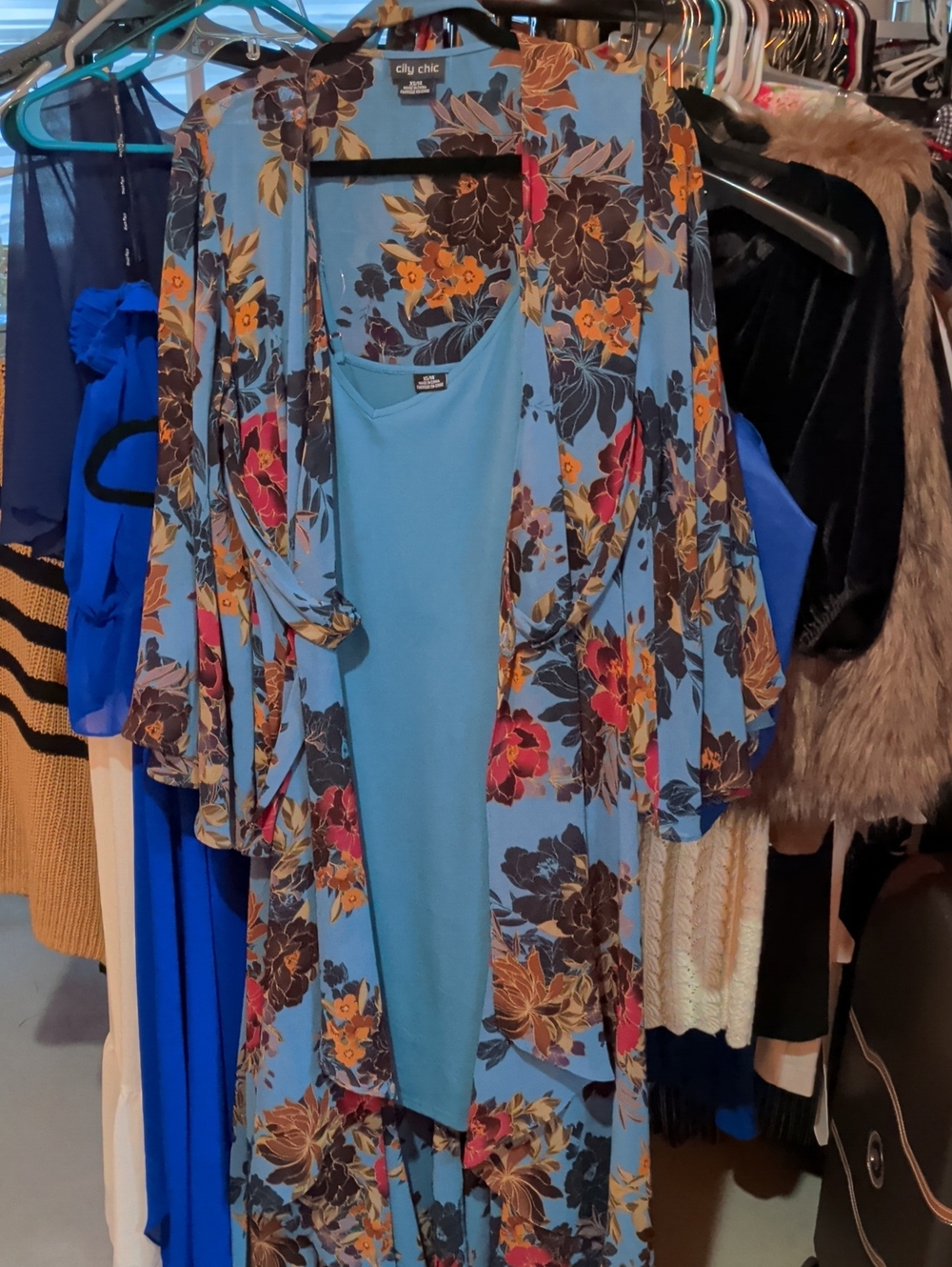 City Chic Blue Floral Camisole and Duster Set